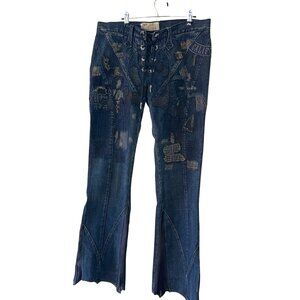 Henry Duarte Spider Mens Jeans Size 34 Blue Patched Lace Up Flare Denim Rare